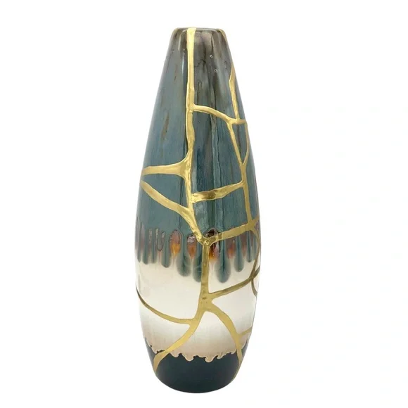 Kintsugi Vase 14” Drip Glaze Gold Crack Art Personal Growth Anniversary Gift - Picture 9 of 13